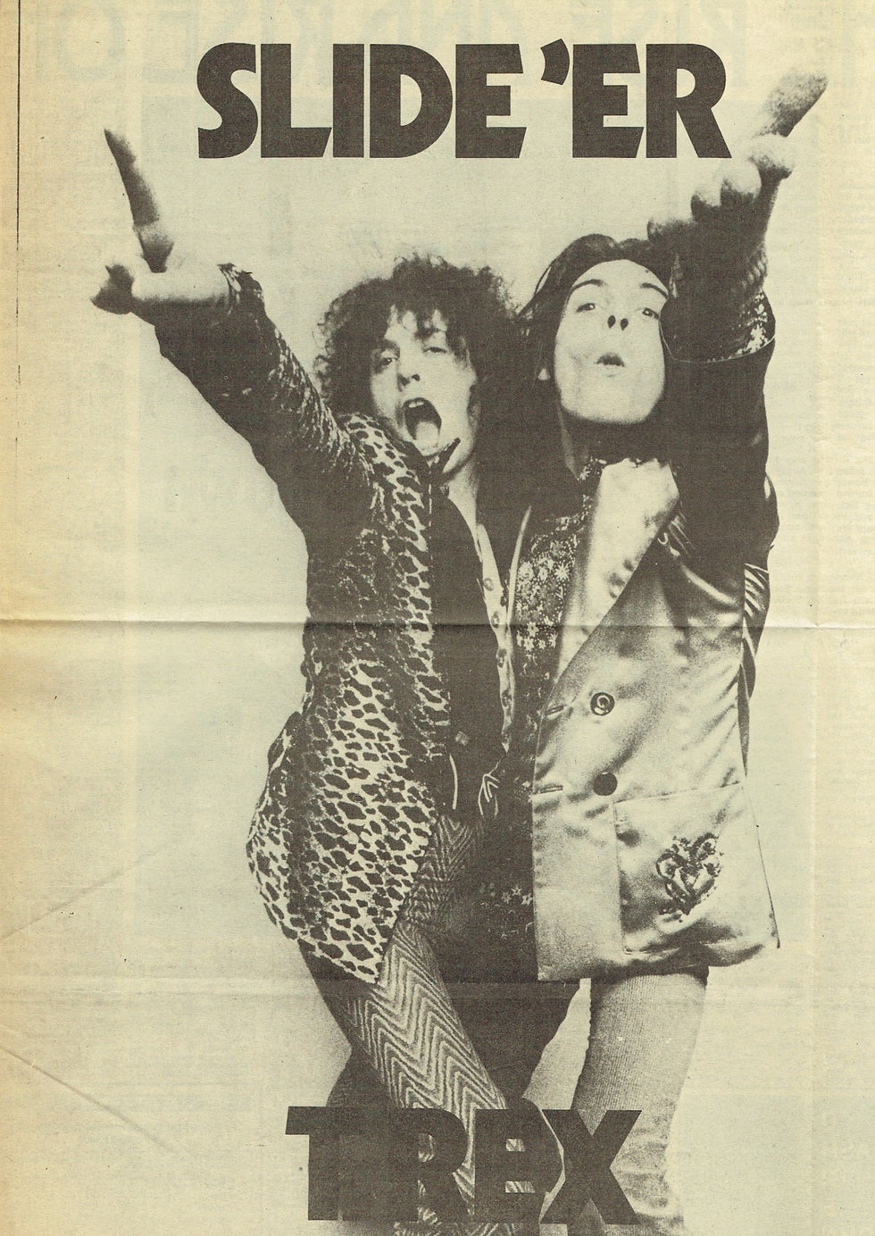 Full-page advertisement for T. Rex in Melody Maker, August 19, 1972, featuring an energetic and stylish image of the band with the bold headline "SLIDE 'ER."