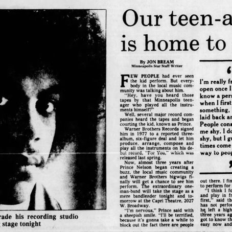 A 1979 newspaper page featuring a profile of 19‑year‑old Prince, accompanied by a portrait and surrounded by entertainment features and illustrations.