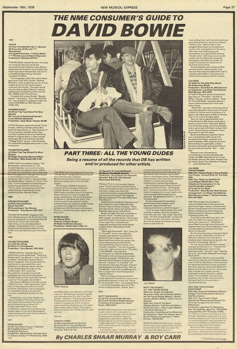 David Bowie (September 16, 1978) – “The NME Consumer’s Guide to David Bowie – Part Three: All the Young Dudes” – New Musical Express