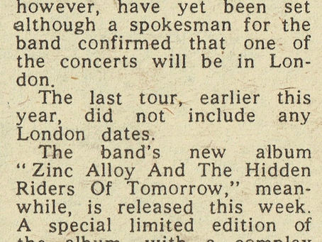 A small newspaper column titled “Bolan Gigs,” reporting that T. Rex plan six UK concerts for April–May 1974 and announcing the release of Zinc Alloy, including a limited edition of 750 special‑sleeve copies.