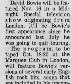 David Bowie (October 2, 1973) – “David Bowie Set For TV Special” News Feature - The Los Angeles Times