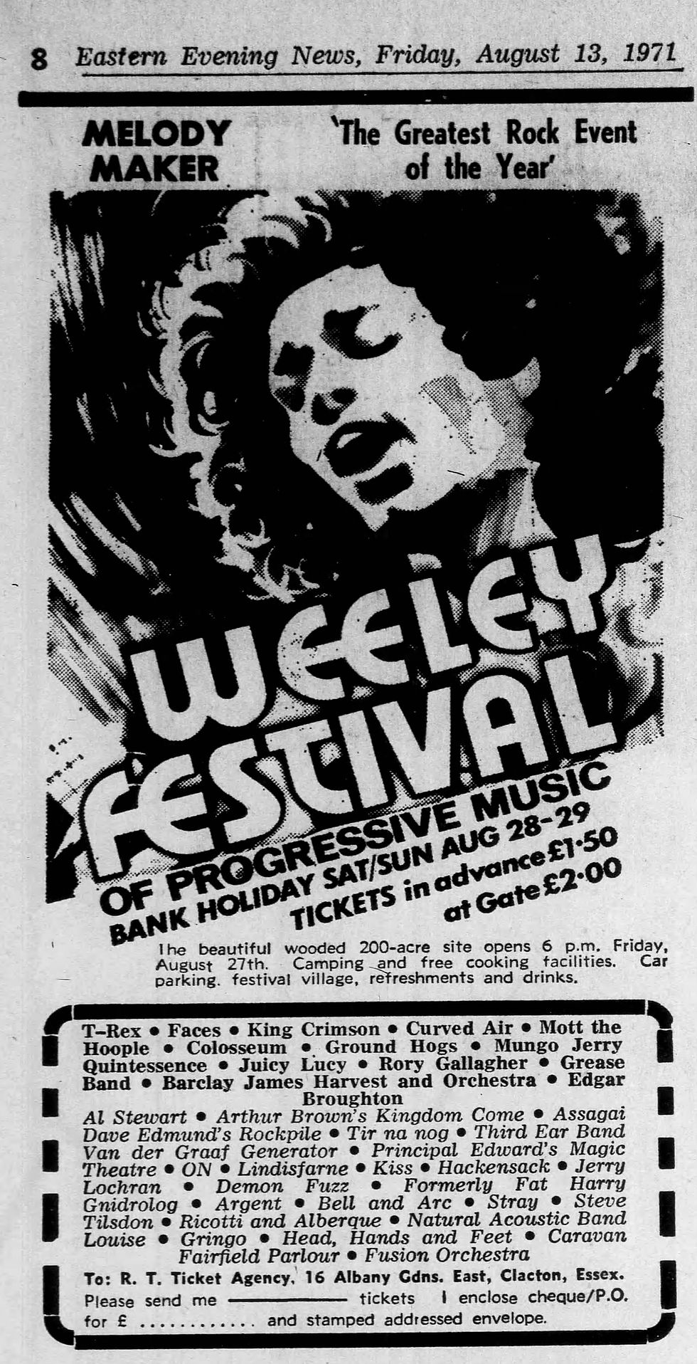 Weeley Festival (August 13 1971) – “Melody Maker Presents The Greatest Rock Event of the Year” Advert – Eastern Evening News