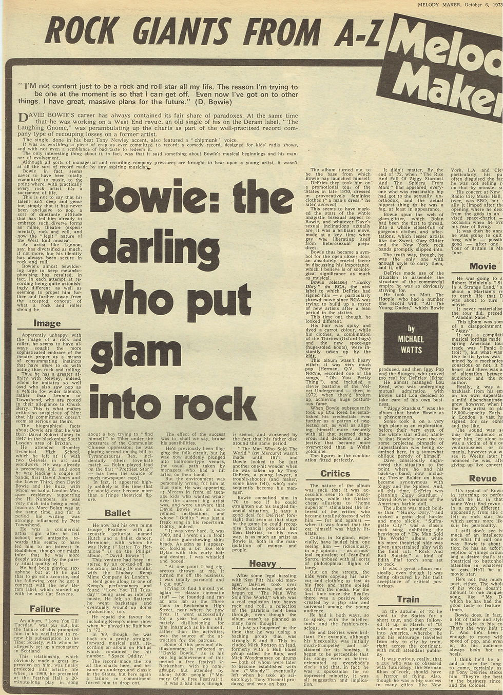 David Bowie (October 6, 1973) – “Bowie: the darling who put glam into rock” Feature - Melody Maker