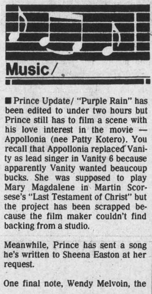 Prince (March 11, 1984) – “Purple Rain” Editing, Apollonia Scene, and More
