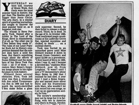 Steve Peregrin Took / Tyrannosaurus Rex (June 20, 1996) “Rock’s least hot name” Feature – Evening Standard