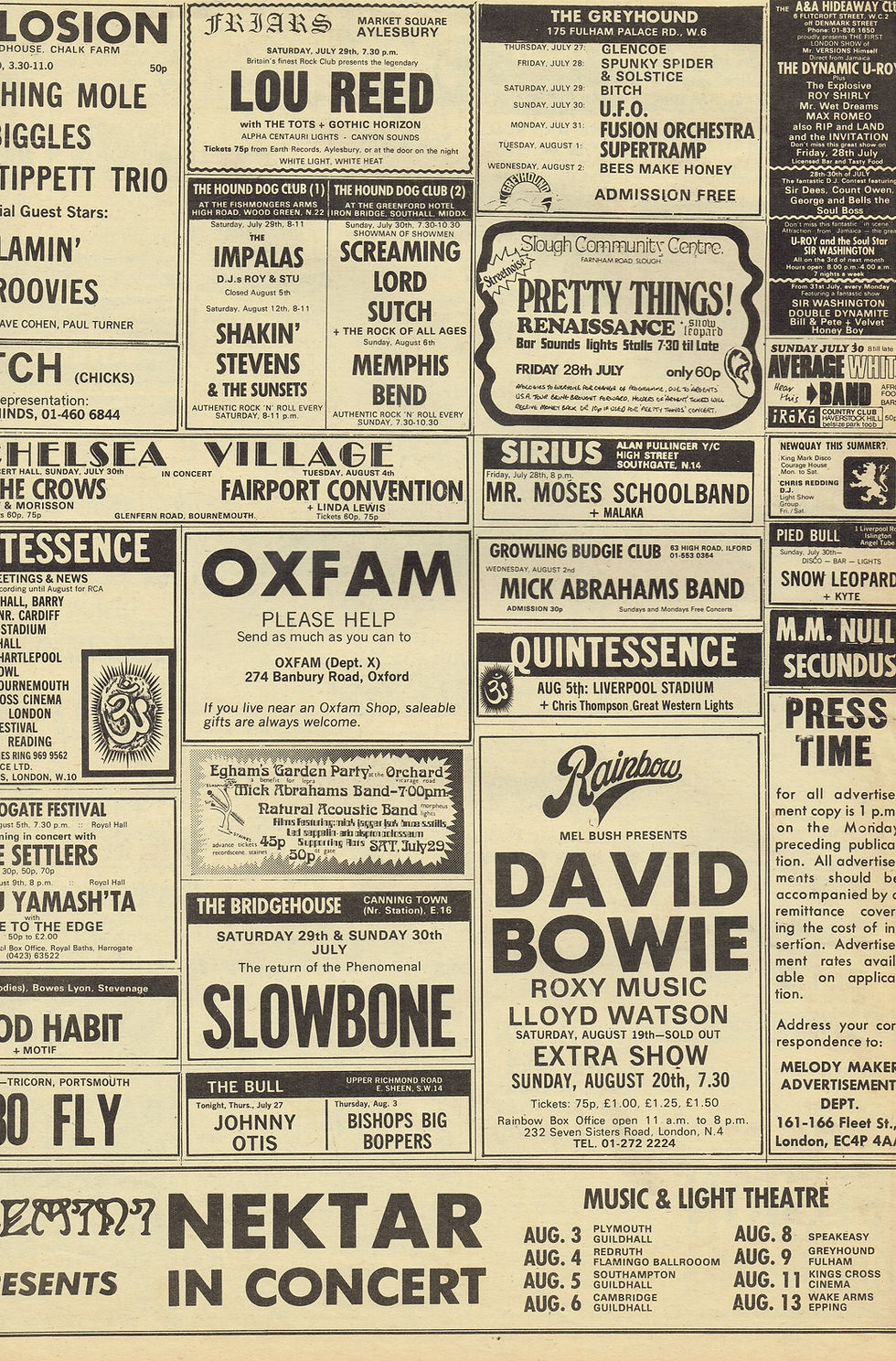 David Bowie & Lou Reed (July 8, 1972) Extensive Gig Guide & Concert Listings – Melody Maker What's On Pull-Out