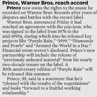 📰 Prince & Warner Bros. Agreement – News Item – Apr. 2014