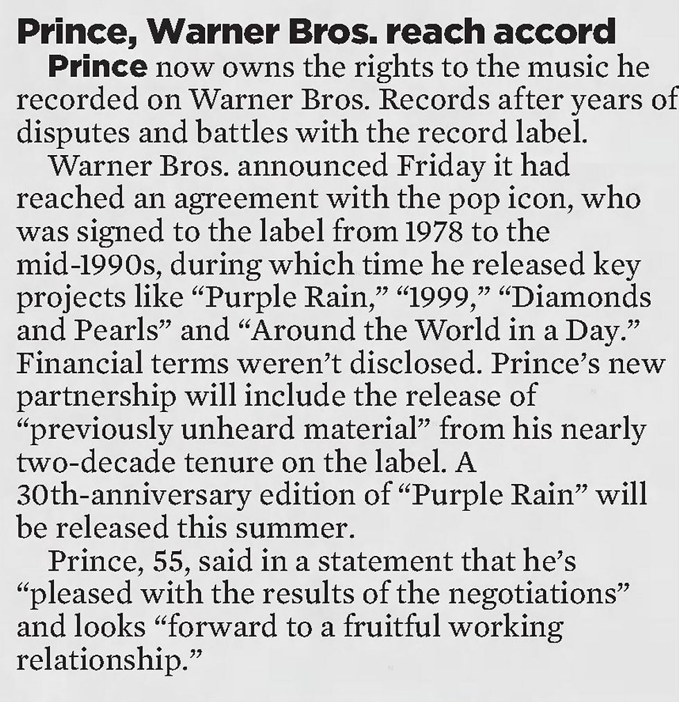 Prince (April 18, 2014) Prince Regains Ownership of Warner Bros. Masters – Multiple News Reports