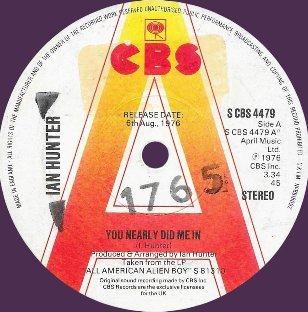 Single label for "You Nearly Did Me In" by Ian Hunter, released on 6th August 1976 under CBS in the UK.