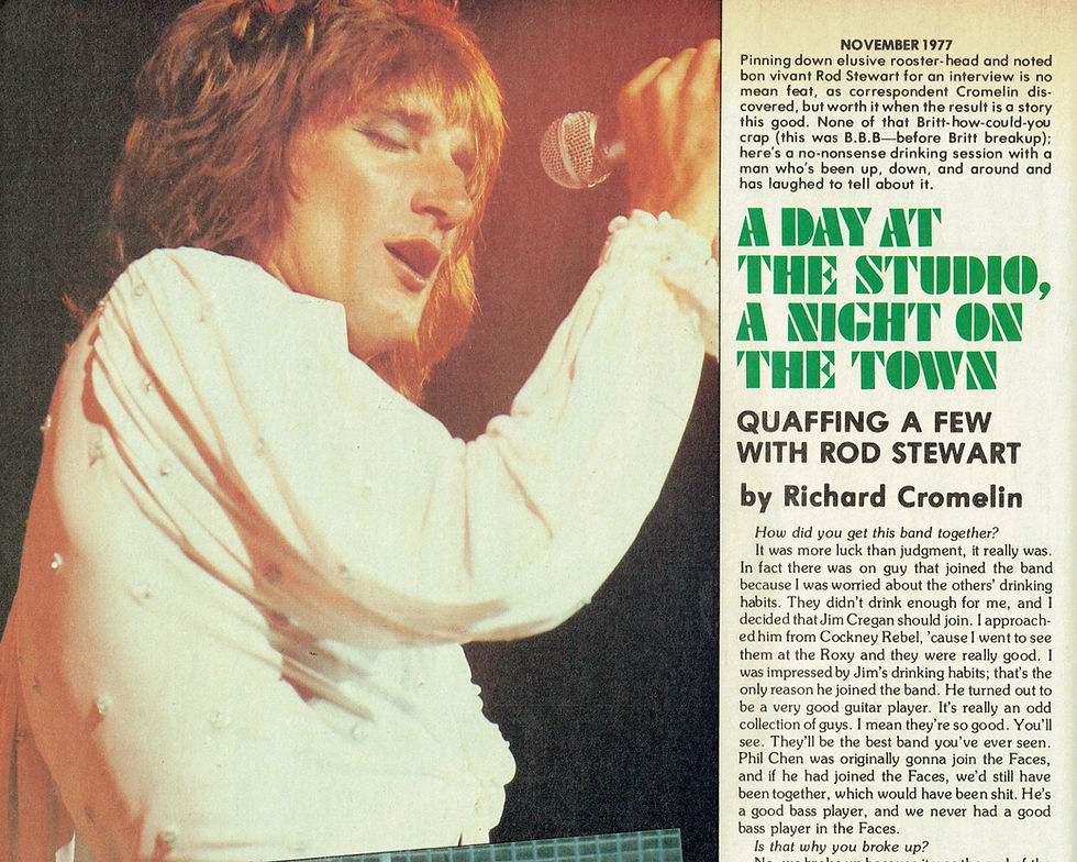 A vintage CREEM magazine page featuring three photographs of Rod Stewart: singing onstage in a white outfit, playing football midākick, and reclining with hands behind his head. A column of interview text accompanies the images, along with a humorous caption about Stewartās talents and a mock acting role.