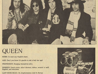 A vintage CREEM magazine page featuring a black‑and‑white photo of Queen seated together with drinks. Below it is a humorous satirical profile listing fictional details about the band. A smaller image shows beer mugs and CREEM’s “Boy Howdy!” logo. The layout is bold and comedic, typical of CREEM’s late‑1970s style.
