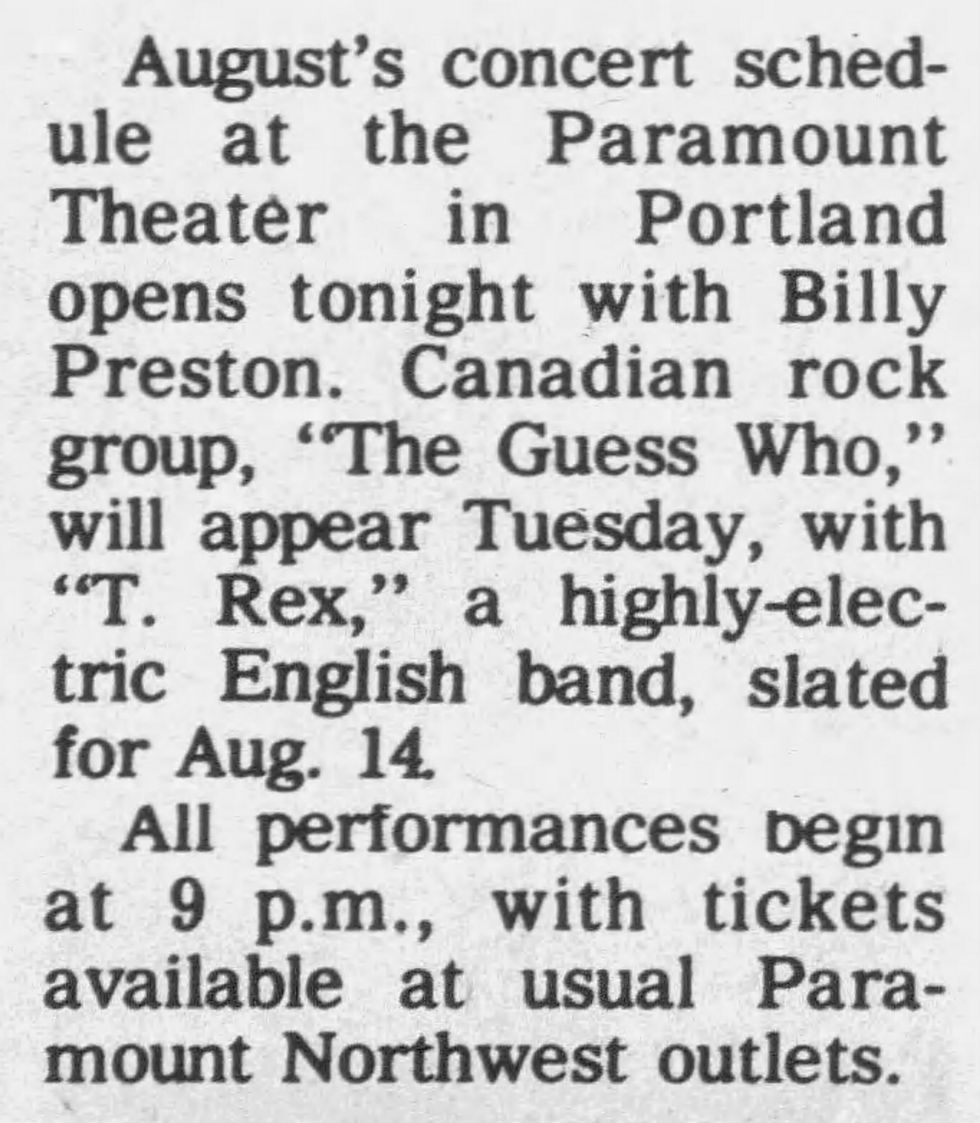 T. Rex (August 4, 1973) – Paramount Theater Concert Schedule Notice – The Capital Journal