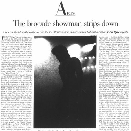 Prince (June 24, 1990) “The brocade showman strips down” Concert Review – The Independent