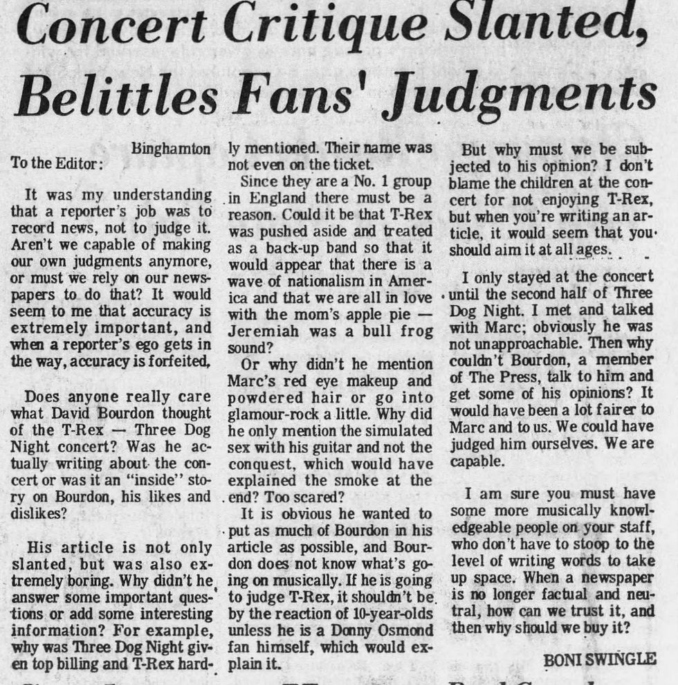 T. Rex (August 29, 1973) – “Concert Critique Slanted," Letter – Press and Sun‑Bulletin / The Evening Press (Binghamton, New York)