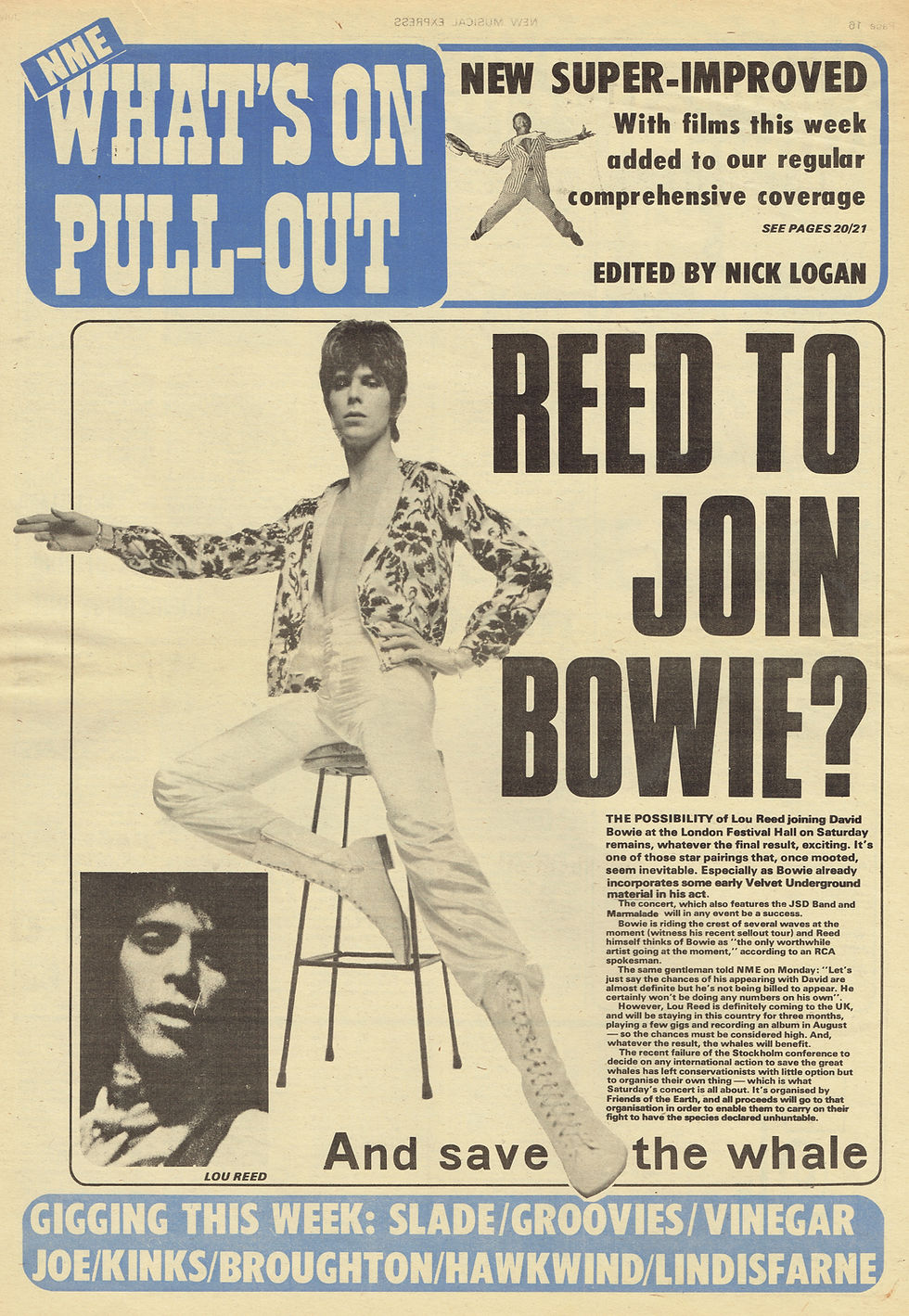 David Bowie & Lou Reed (July 8, 1972) "Reed To Join Bowie?" – NME What's On Pull-Out
