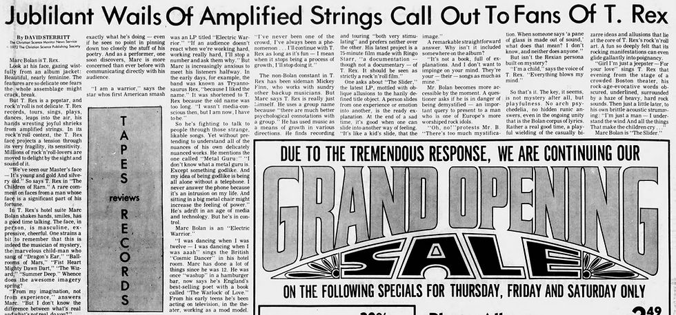 Marc Bolan / T. Rex (November 30, 1972) – “Jubilant Wails Of Amplified Strings Call Out To Fans Of T. Rex” Feature - Salisbury Evening Post