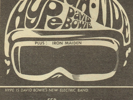 A psychedelic 1970 advert for David Bowie’s band Hype, featuring helmet‑shaped typography, support acts High Tide and Iron Maiden, and details for a performance at the Basildon Arts Centre.