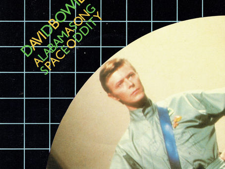 A UK RCA single sleeve for David Bowie’s “Alabama Song,” featuring a black grid background with a circular cutout showing Bowie in a light outfit with a blue strap, and bold white text listing “Alabama Song” and “Space Oddity.”