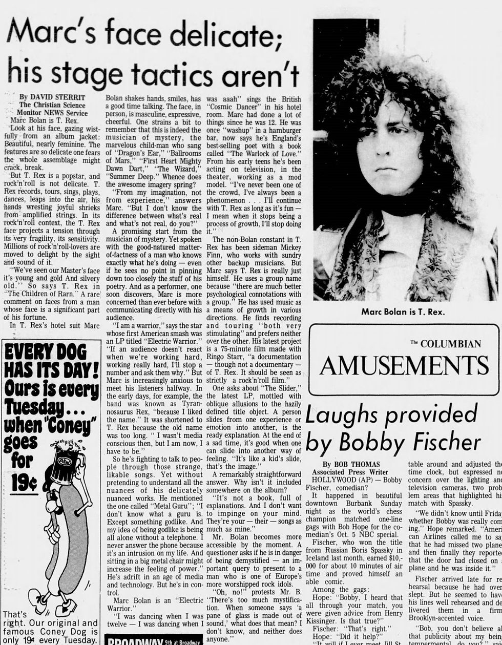 Marc Bolan (October 2, 1972) – “Marc's Face Delicate; His Stage Tactics Aren't” Feature - The Columbian