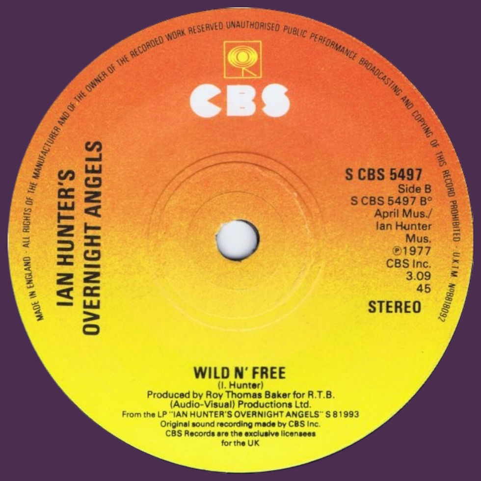 Record label for the single "Wild N' Free" by Ian Hunter's Overnight Angels, released on 22 July 1977 under CBS with catalogue number S CBS 5497 in the UK.