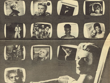 A vintage full‑page advert showing twelve David Bowie album covers arranged inside stylised television screens, accompanied by the headline “Compulsive Viewing and Listening” and a seated promotional portrait of Bowie.