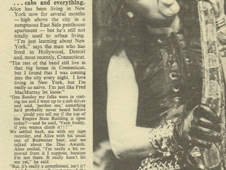 A two‑page Disc feature with multiple photographs of Alice Cooper, including a performance shot with a snake and a posed image with a gorilla‑costumed figure, alongside an interview discussing his life in New York and touring plans.