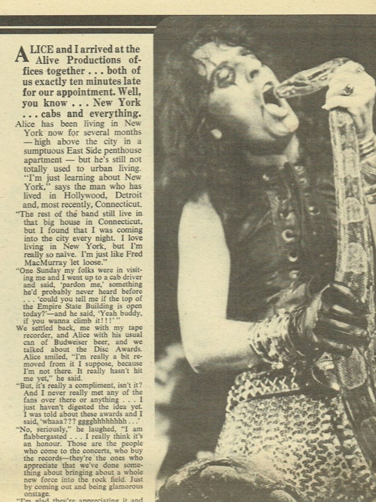 A two‑page Disc feature with multiple photographs of Alice Cooper, including a performance shot with a snake and a posed image with a gorilla‑costumed figure, alongside an interview discussing his life in New York and touring plans.