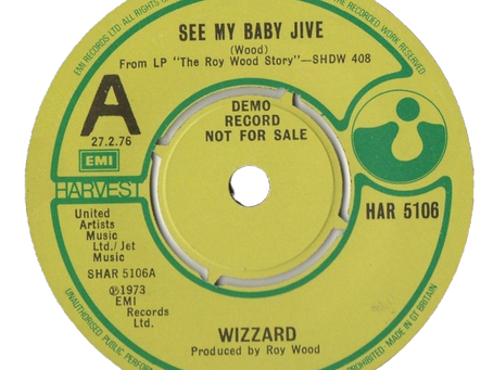 A 7" single label for the 1976 reissue of “See My Baby Jive,” listing “Angel Fingers” and “Ball Park Incident” as B‑sides, with Harvest Records branding and catalogue number HAR 5106.