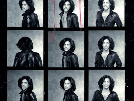 Black‑and‑white grid artwork featuring multiple portraits of Prince with stylised text reading “I Feel for You.”