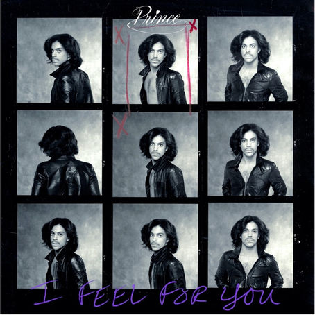 Black‑and‑white grid artwork featuring multiple portraits of Prince with stylised text reading “I Feel for You.”