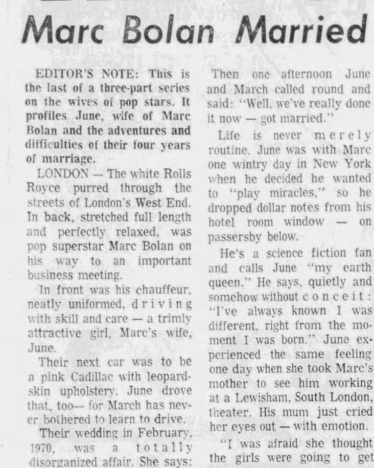 Marc Bolan: (July 3, 1974) “Pop Stars’ Wives – Marc Bolan Married Built-in Manager As Well As Lovely Wife” - Sarasota Journal