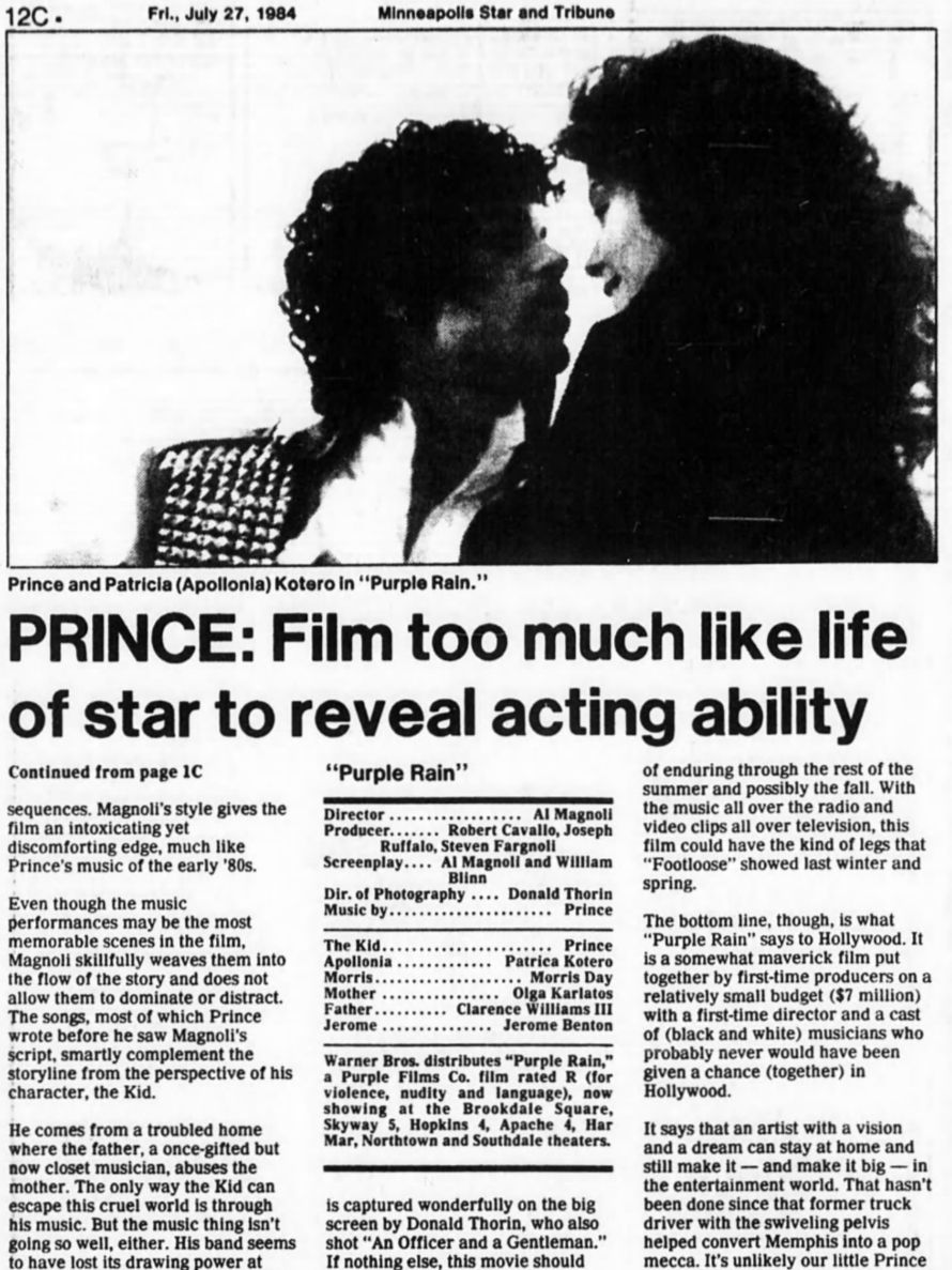Prince (July 27, 1984) – “Prince: Film too much like life of star” Review – Star Tribune