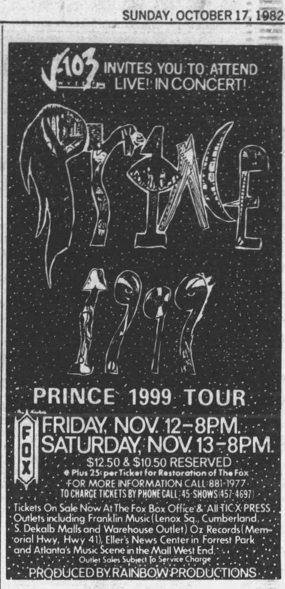 Prince (October 17, 1982) “Prince 1999 Tour” – The Atlanta Constitution