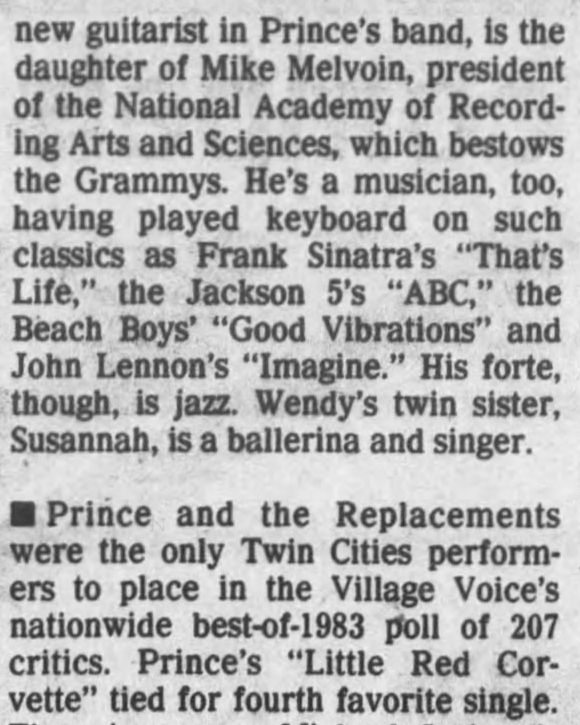 Wendy Melvoin (March 11, 1984) Joins Prince’s Band