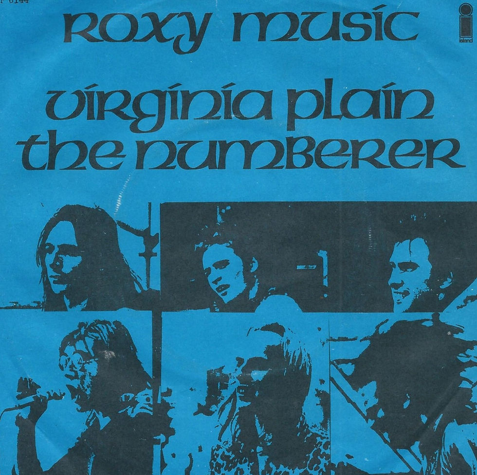 Cover art for Roxy Music's single "Virginia Plain" with "The Numberer," released under the Island label in Denmark. Catalogue number: WIP 6144.