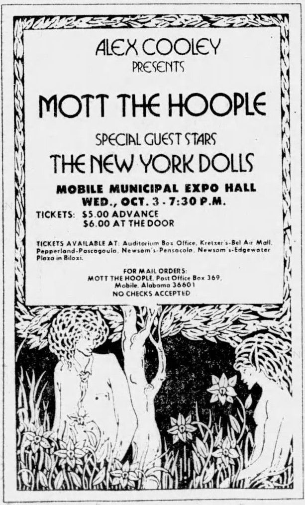 Mott The Hoople (September 29, 1973) – “Mott The Hoople / The New York Dolls” Concert Advert - The Mobile Register