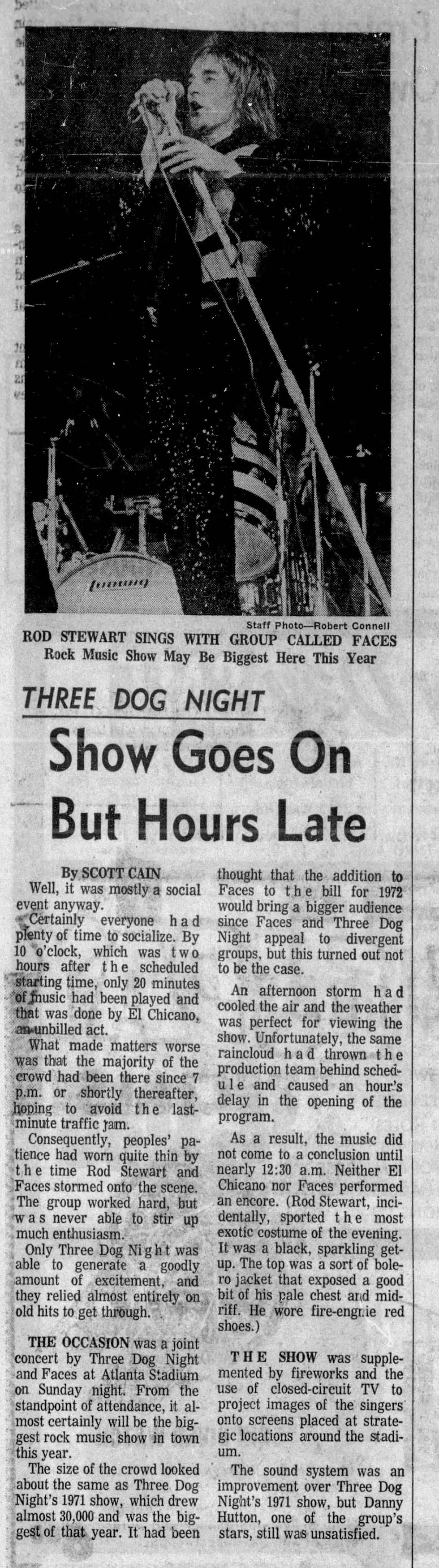 Rod Stewart & Three Dog Night (August 21, 1972) – “Show Goes On But Hours Late” Feature – The Atlanta Journal