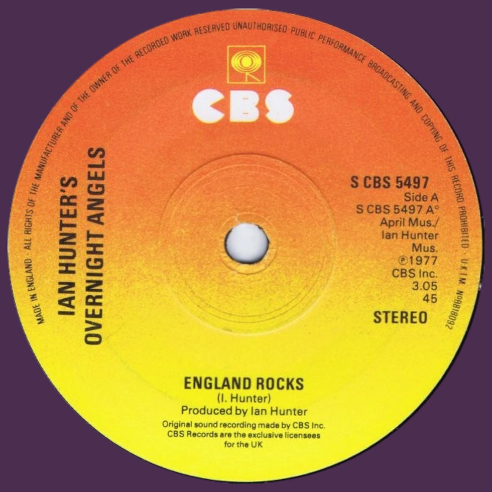 Record label for the single "England Rocks" by Ian Hunter's Overnight Angels, released on 22 July 1977 under CBS with catalogue number S CBS 5497 in the UK.