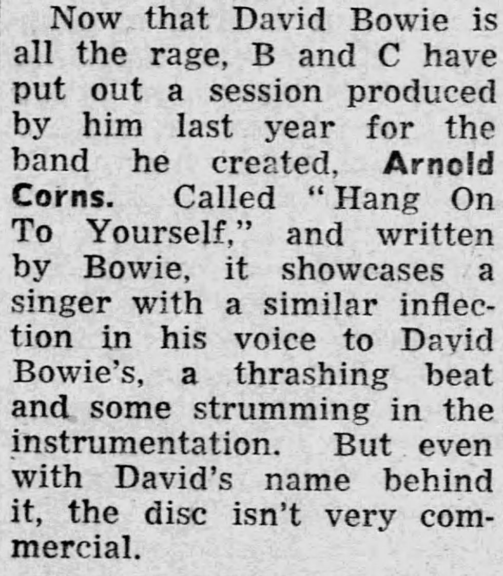 David Bowie (September 19, 1972) – “Arnold Corns – Hang On To Yourself” Review – Burnham‑on‑Sea Gazette and Highbridge Express