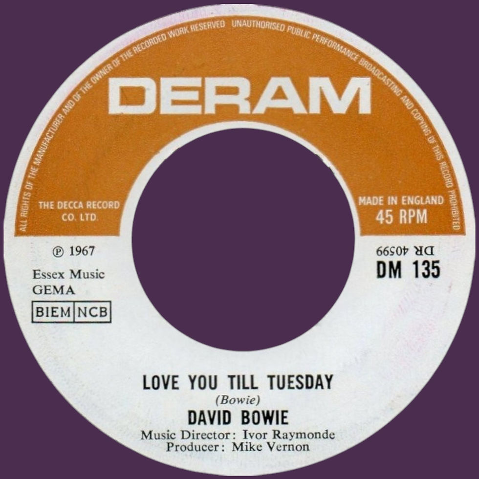 Vinyl record label for David Bowie's "Love You Till Tuesday," released in 1967 under the Deram label in the UK, catalogue number DM 135.