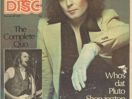 A 1976 Record Mirror & Disc cover featuring Marc Bolan, with a two‑page interior article comparing him to Marvel superheroes and villains while exploring his shifting public image and critical reception.