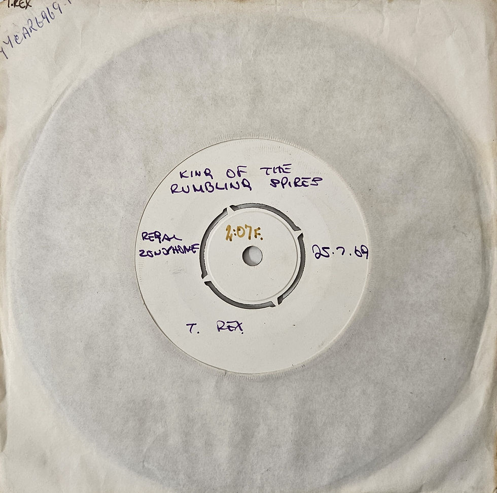 Vintage test pressing of "King of the Rumbling Spires" by Tyrannosaurus Rex, released by Regal Zonophone in the UK on July 25, 1969. Image taken from John Peel's personal collection put up for auction in 2025