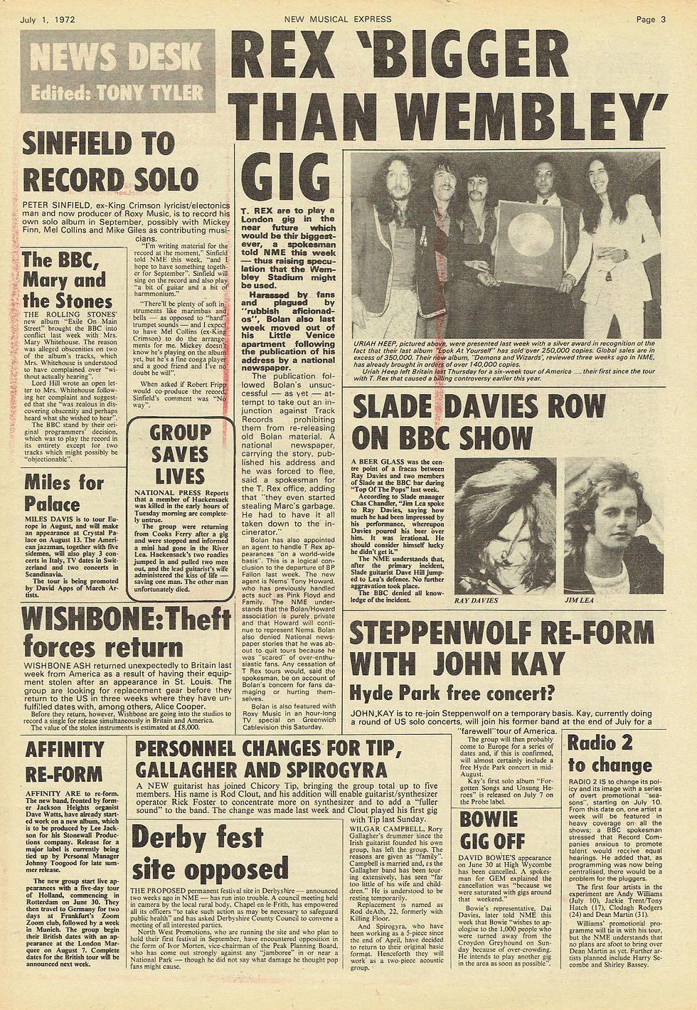 T. Rex (July 1, 1972) NME News Page Feature – New Musical Express