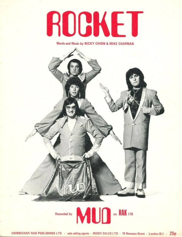 Sheet music cover for the song "Rocket" by the band Mud, featuring the group's stylish black and white ensemble and creative pose, encapsulating the vibrant glam rock era.