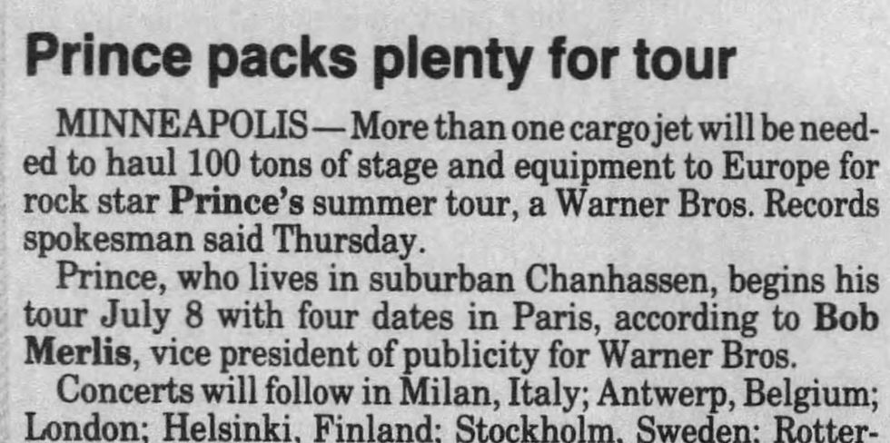 Prince (June 24, 1988) “Prince packs plenty for tour” Tour Announcement – St. Cloud Times