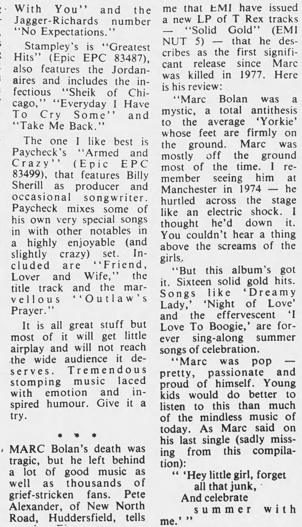 T. Rex (June 15, 1979) Solid Gold Album -Huddersfield Daily Examiner