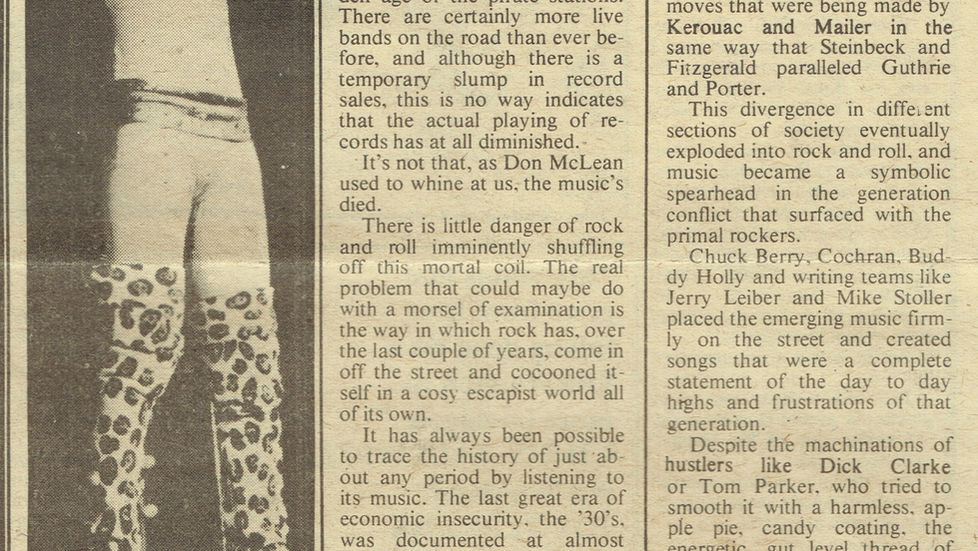 Two newspaper pages featuring cultural commentary on 1970s rock, with photographs of Alice Cooper, David Bowie, and Bob Dylan accompanying essays critiquing the commercialization and depoliticization of the decade’s music.