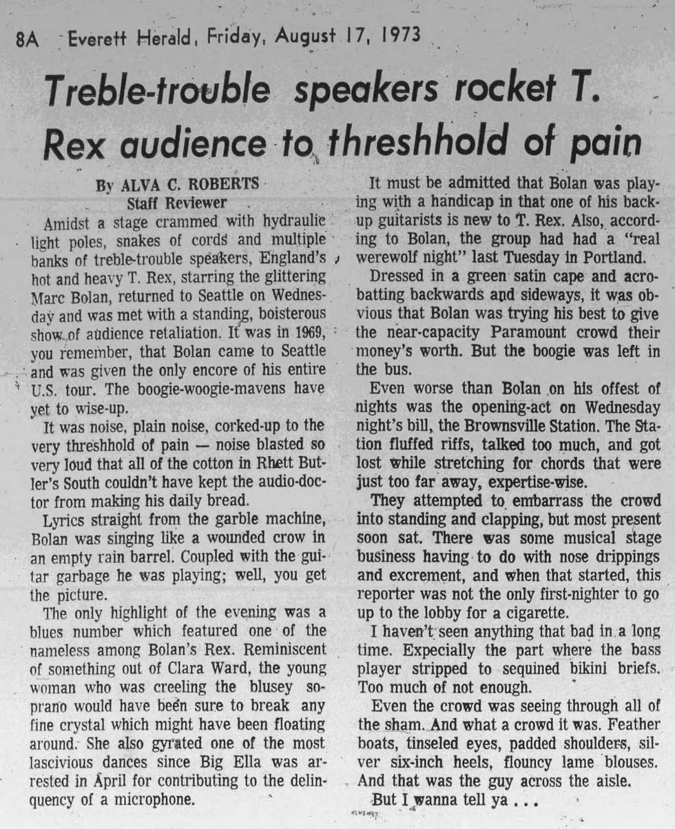 T. Rex (August 17 1973) – “Treble‑Trouble Speakers Rocket T. Rex Audience to Threshold of Pain” Feature – Everett Herald