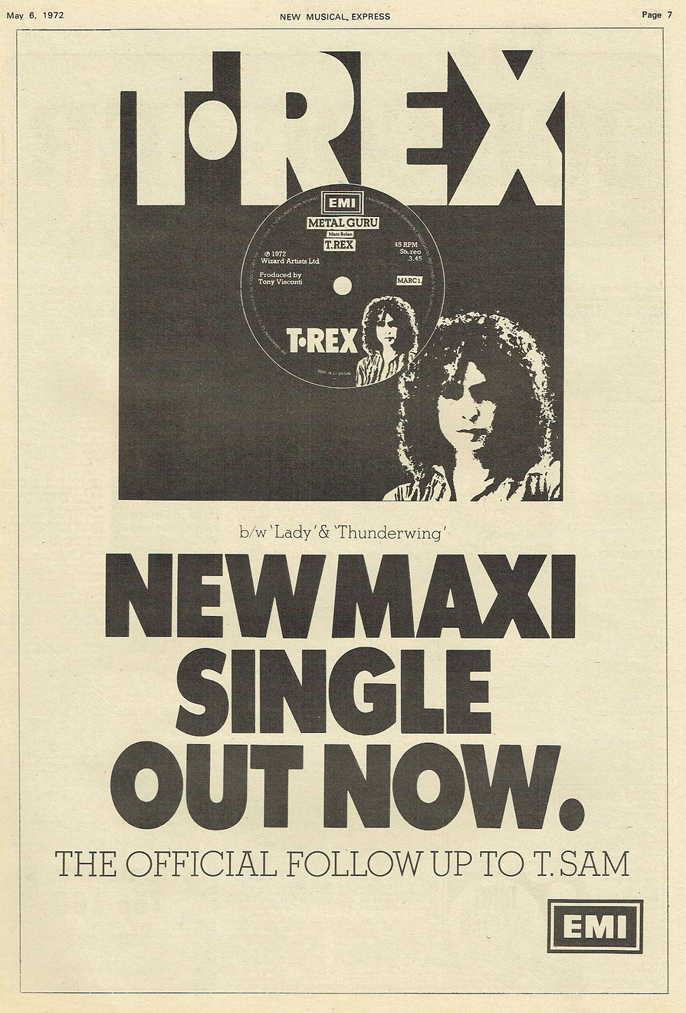 T. Rex – Metal Guru full‑page advert, New Musical Express, May 6 1972 (EMI T. Rex Wax Co.).