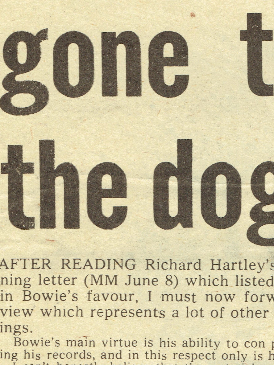 David Bowie (June 22, 1974) Melody Maker – Reader’s Letter “Bowie’s gone to the dogs!”